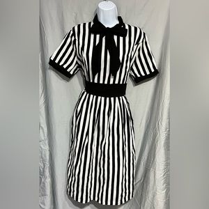 Retro Stage 1950s Style Black and White Striped Bow Collar Swing Dress Size XXL